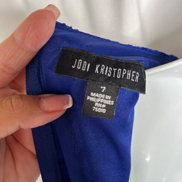 Royal Blue Lace Sleeveless Halter Cutout Back Cocktail Dress By Jodi Kristopher - Picture 3 of 3